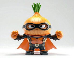 Cartoon Onion Superhero In Costume With Raised Arms And Orange Cape On White Backdrop
