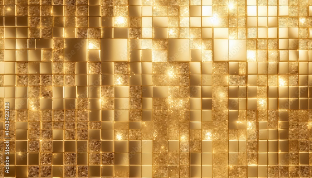 Poster luxury golden mosaic tiles background with glowing light reflections for web design, branding, print