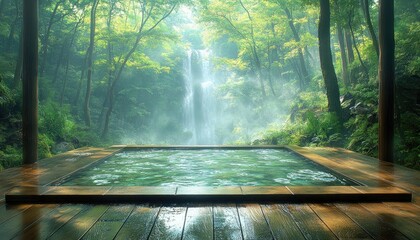 Wooden onsen with a waterfall is framed by misty green forest foliage. Perfect for travel ads, spas, or promoting relaxation and wellness.