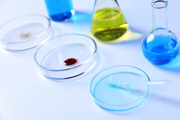 Petri dishes and flasks with samples on white background, closeup