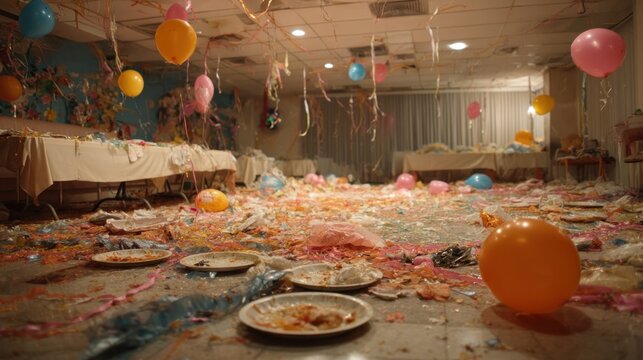 Post-party chaos in a brightly decorated hall.  A messy aftermath of a celebration