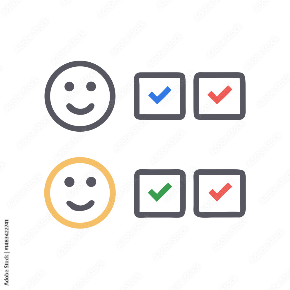 Poster smile and frown icons with checkboxes representing user feedback, rating, and emotional response