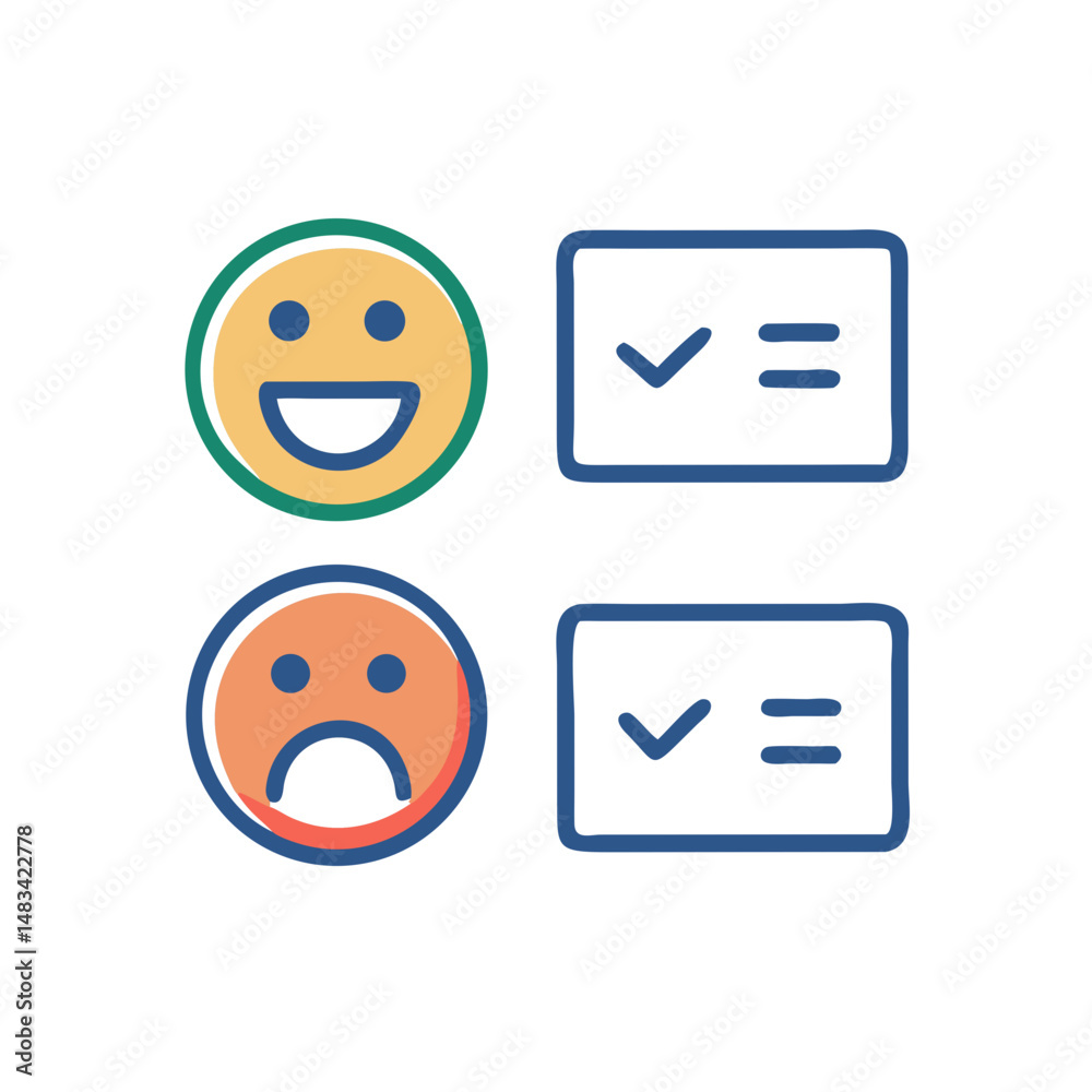Poster smile and frown icons with checkboxes representing user feedback, rating, and emotional response
