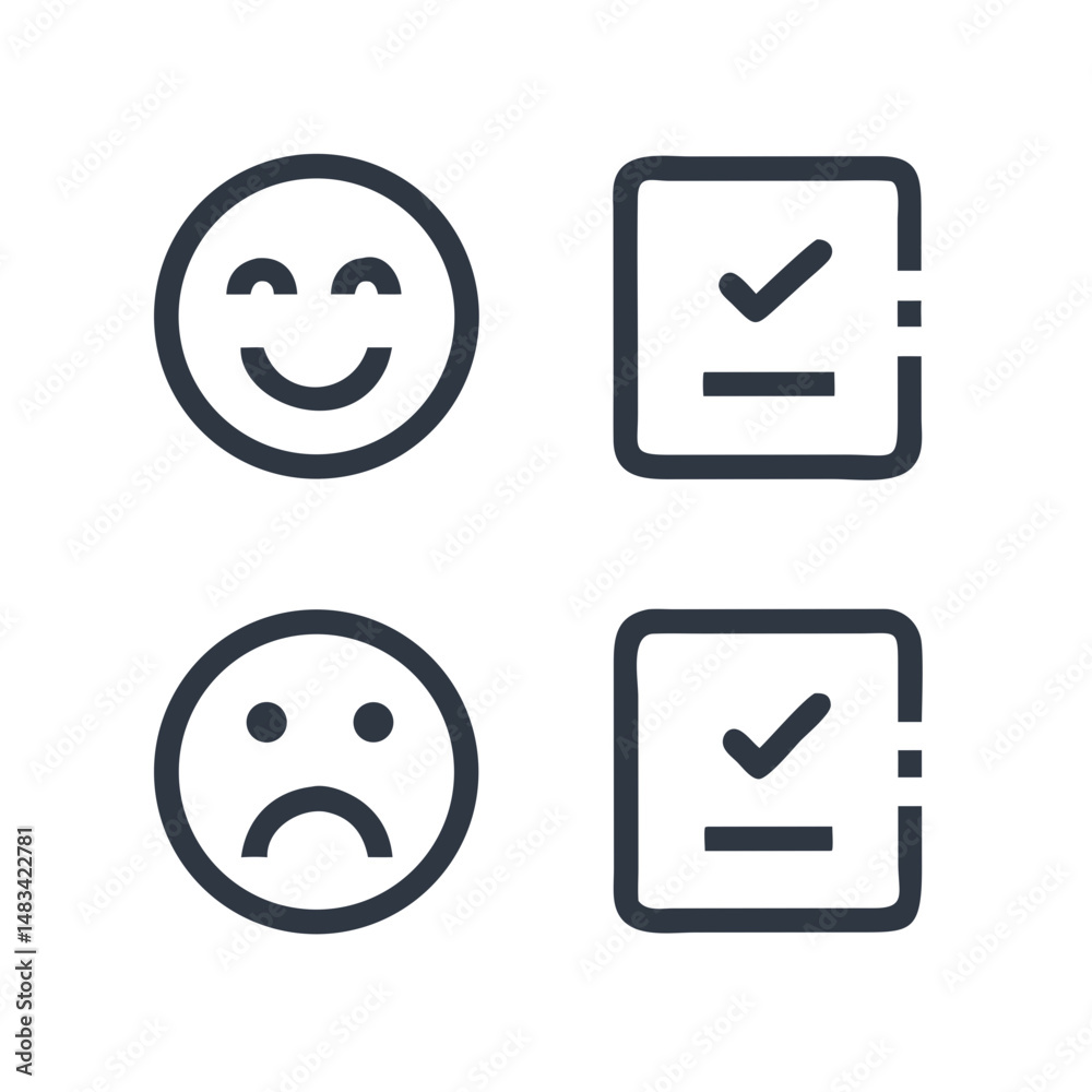 Poster smile and frown icons with checkboxes representing user feedback, rating, and emotional response