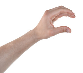 Man holding something in hand on white background, closeup