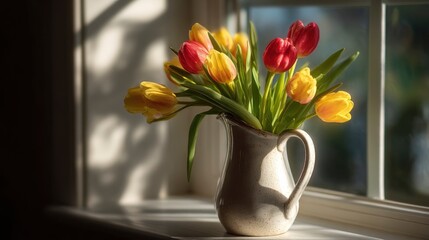 Fototapeta premium A cheerful tulip bouquet resting in a ceramic pitcher near a sunlit kitchen window