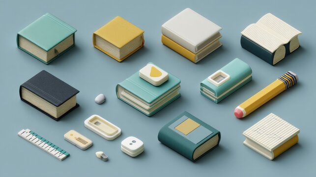 Isometric illustration of various stationery and books