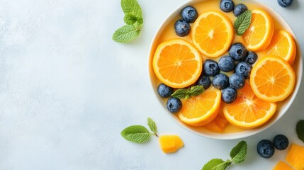 Fresh fruit salad with vibrant oranges and blueberries in a sunny kitchen setting