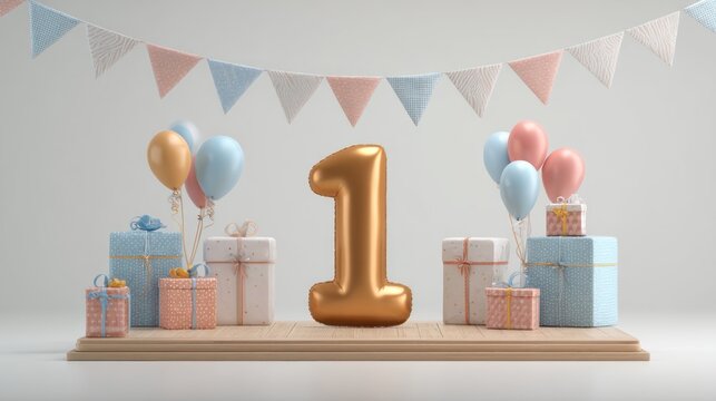First birthday celebration with gifts and balloons