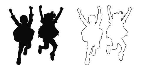 Vector silhouette and outline drawing of two children running forward with raised arms, likely excited for school or play. Depicts freedom, childhood excitement, and movement