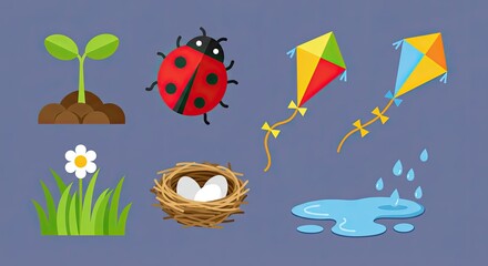 Colorful springtime illustrations featuring nature elements and outdoor activities.