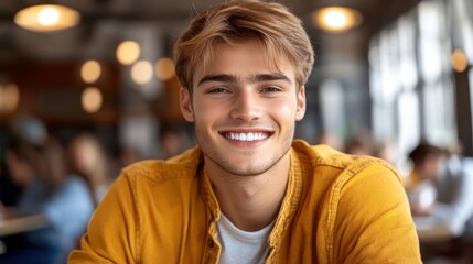 Fototapeta premium Young man with bright smile enjoying time at cafe during afternoon social gathering
