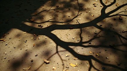 Branch shadows on loamy soil, high contrast texture, natural light patterns, detailed ground study.