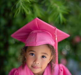 Close-up portrait of cute 5-year-old Black girl in pink cap and gown