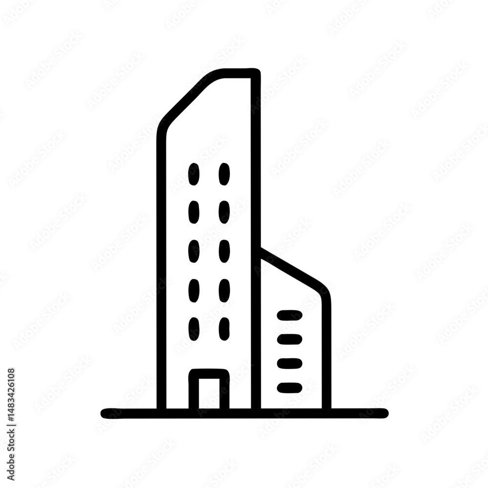 Aufkleber tall building with side wing icon representing urban architecture, commercial complex, and multi-sec