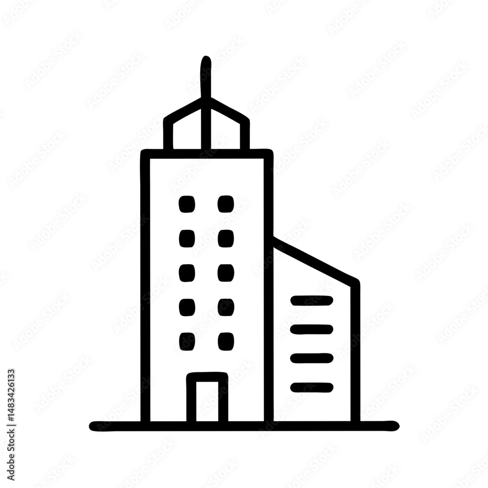 Aufkleber tall building with side wing icon representing urban architecture, commercial complex, and multi-sec