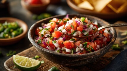 Delicious salsa in a bowl with a spoonful - Food photography concept