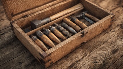 Wooden box filled with antique tools