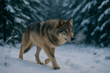 Gray wolf walking through snowy forest 