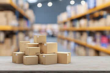 A pile of parcel boxes on a table with a blurred shelf in the store background