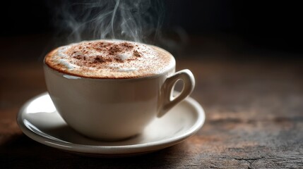 A classic cappuccino with thick froth, cinnamon powder lightly sprinkled, and steam rising gently