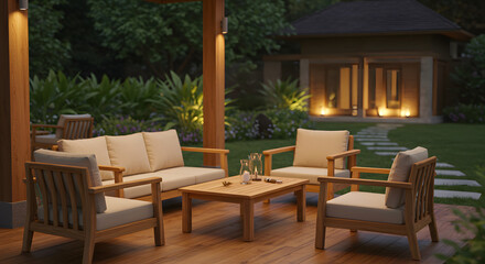 Outside area with wood furniture 