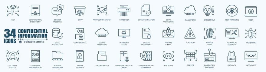 Digital Identity and Confidential Vector Icon Set | Adjustable Line Weight | Authentication, biometric, fingerprint, face recognition, cybersecurity, privacy, verification