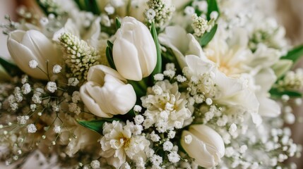 A close-up of an intricate wedding bouquet highlighting velvety white tulips mingling with airy baby&acirc;&euro;&trade;s breath