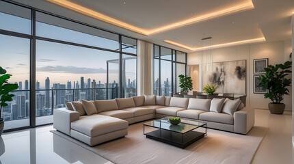 Fototapeta premium Modern luxury living room with panoramic glass windows, wooden floor, and cozy furniture in daylight.