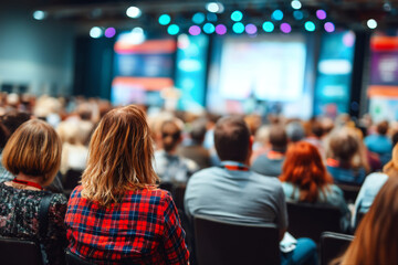 People attending large-scale conference with vibrant lighting