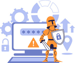 Information Security Illustration – Cybersecurity Defense Knight Protecting Computer Login, Strong Password and System Warning