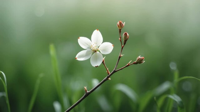 Fragile blooms on a thin branch surrounded by soft green grass.