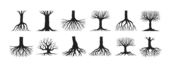 “Variety of Black Tree Root Silhouettes – Nature and Growth Vector Icon Set”