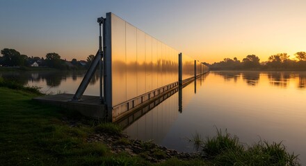 Obraz premium Flood barrier reflecting sunrise over calm water with grassy bank in the foreground