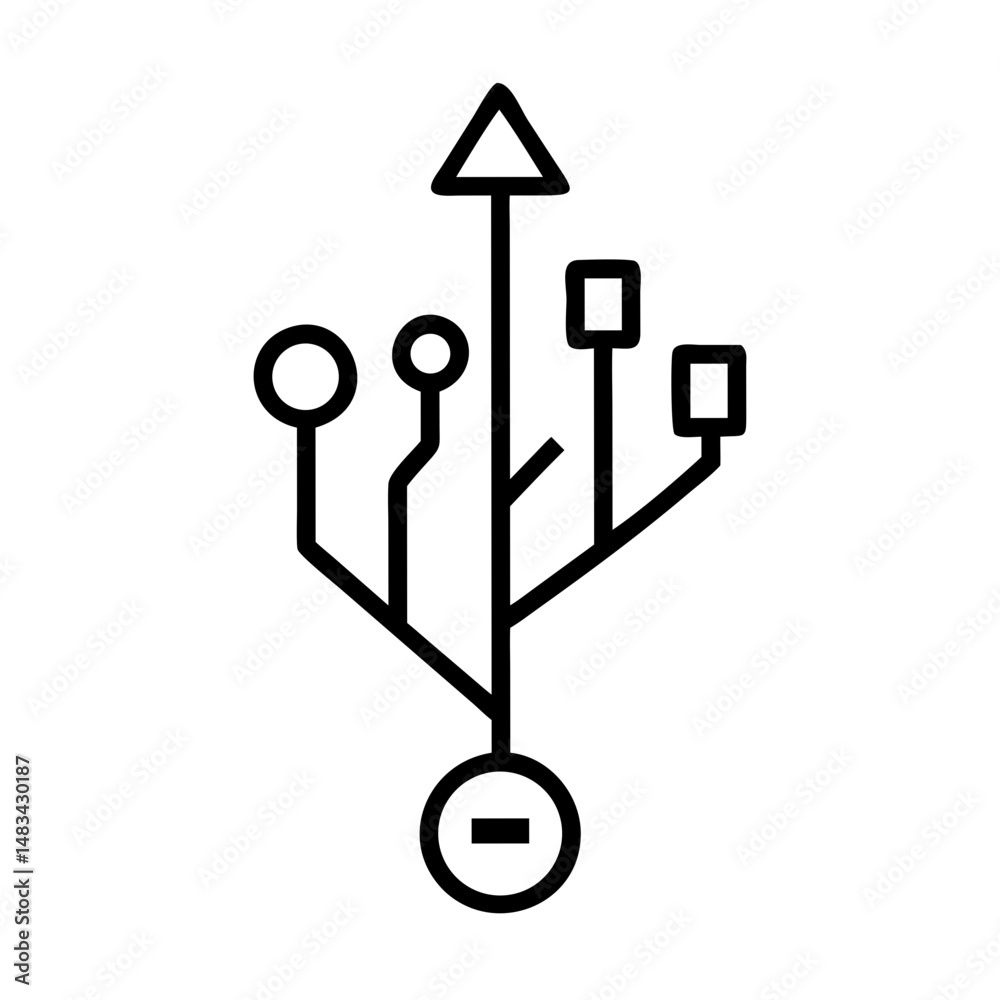 Poster USB Connection Tree Symbol Icon Representing Data Routing, Multi-Port Hub Structure, and Peripheral Connectivity