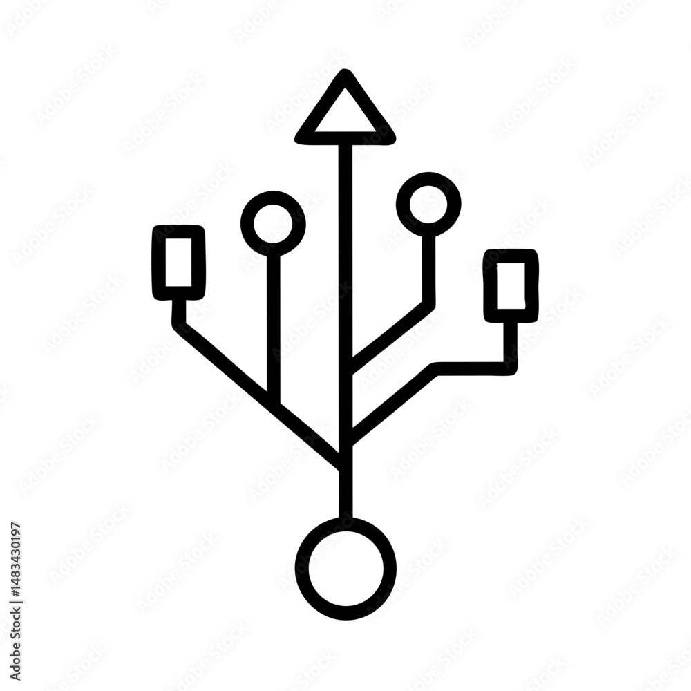 Poster USB Connection Tree Symbol Icon Representing Data Routing, Multi-Port Hub Structure, and Peripheral Connectivity