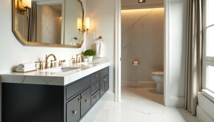 Elegant vanity with marble countertop, gold fixtures, luxury, restroom