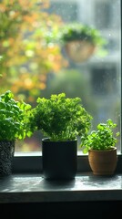 Bright kitchen window with fresh herbs showcasing vibrant green foliage in afternoon sunlight