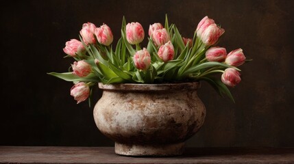 A cozy tulip arrangement in a weathered ceramic pot, showcasing an old-world charm