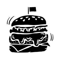 Hand-drawn black burger with flag, dripping cheese, and bold lines; great for food branding, burger shop logos, menus, packaging, or social media designs.