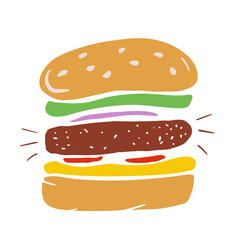 minimalist hamburger logo in silhouette sketch style with sesame buns, cutlet, cheese, vegetables, greens for menu design, fast food restaurant, cafe