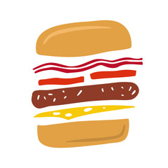 stylized color silhouette of burger with bacon, cheese, tomatoes, cutlet; for sandwich branding, food, logos, icons, menu, packaging, social media design.