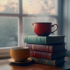 Warm beverage beside vintage books by window