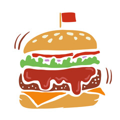 Hand-drawn color burger with flag, dripping cheese, and bold lines; great for food branding, burger shop logos, icons, menus, packaging, social media designs.
