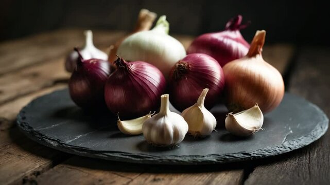 Closeup of a slate plate with fresh garlic and onion.