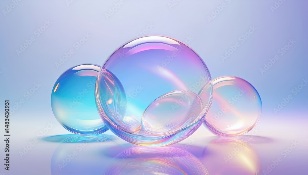 Poster iridescent soap bubble cluster on pastel background for abstract web design, print, branding, or dig