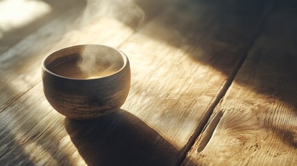 Warm beverage in rustic bowl