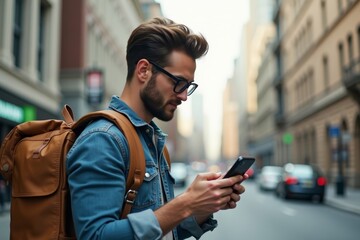 Stylish hipster with vintage specs and a backpack exploring the city with a smartphone map.
