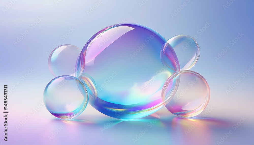 Poster iridescent soap bubble cluster on pastel background for abstract web design, print, branding, or dig