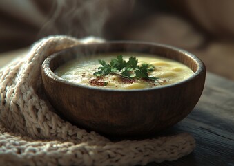 Warm, Creamy Soup in Wooden Bowl
